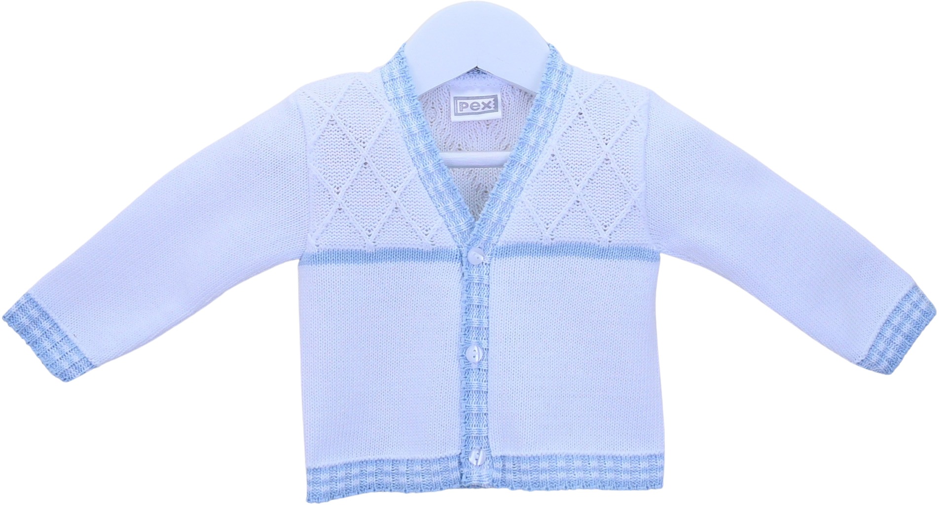 PEX BABY  KNITTED CARDIGAN WHITE WITH BLUE TRIM OR WHITE WITH PINK TRIM STYLE 21 